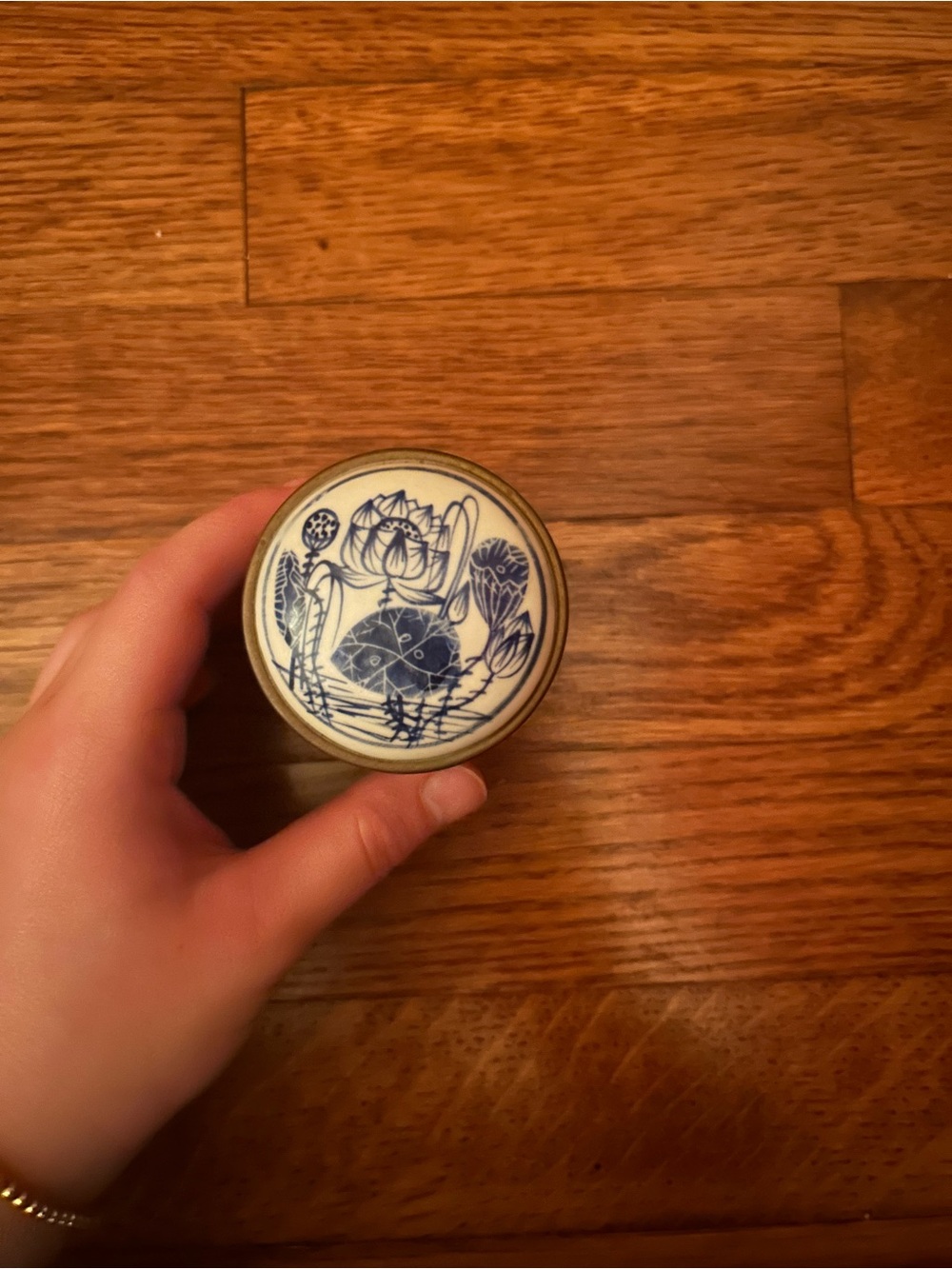 Brass Colored Metal Trinket Box w/ White & Blue Floral Patterned Top